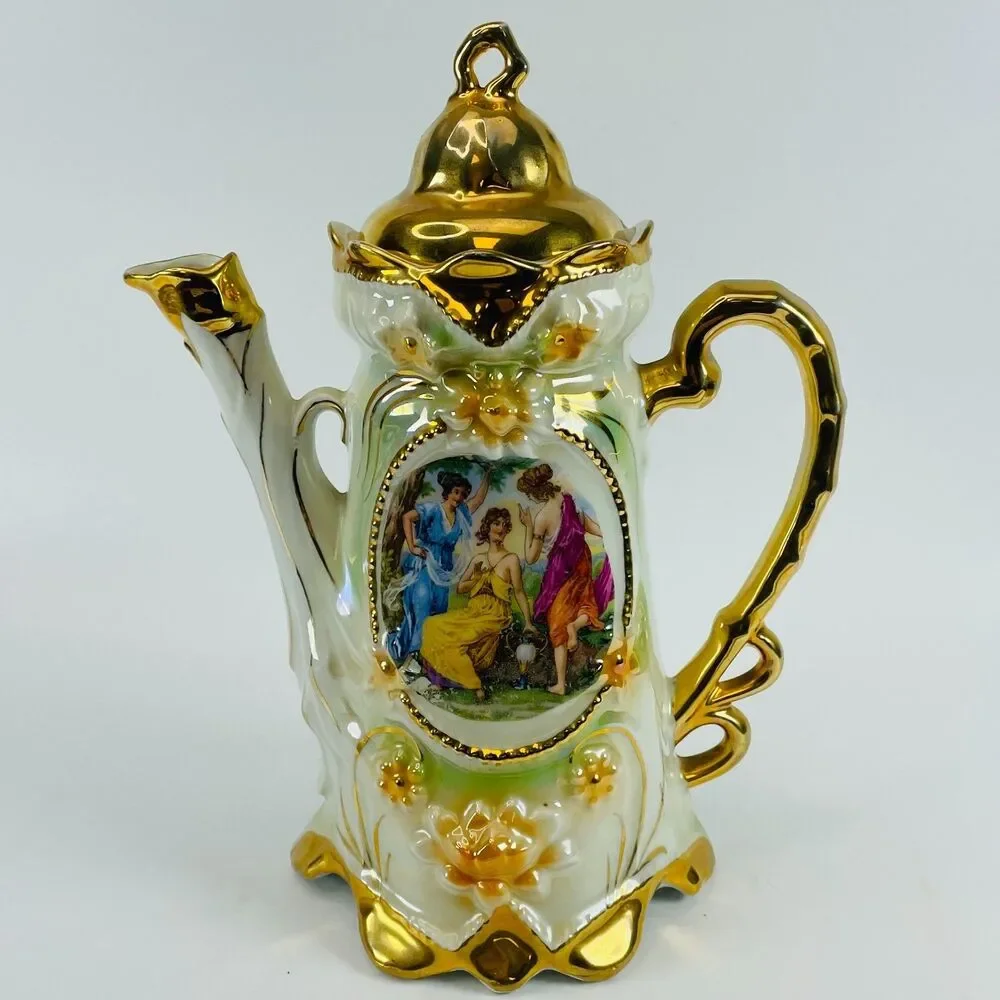 Antique Rococo German Ceramic Coffee Pot Three Graces Gold Gilt Porcelain 9.5”